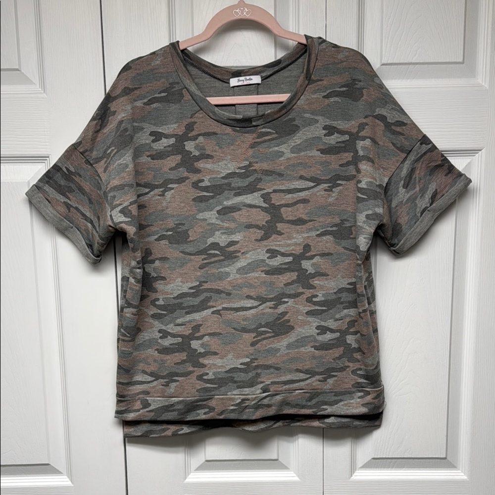 Pink and Gray Camo Relaxed Short Sleeve Tee with back pleat.
